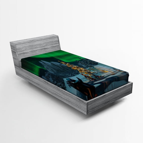 Ambesonne Nature Fitted Sheet, Penguins on Lake, Twin Size, Lime Green Grey