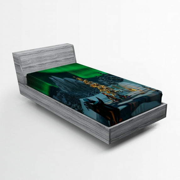 Ambesonne Nature Fitted Sheet, Penguins on Lake, Twin XL Size, Lime Green Grey