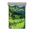 thumbnail image 1 of Ambesonne Nature Fitted Sheet & Pillow Sham Set, Alpine Scenery Pastoral, Queen, Green White, 1 of 2