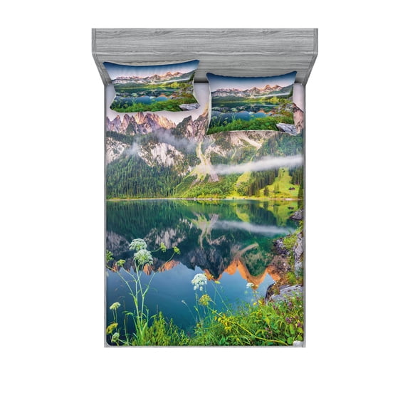 Ambesonne Nature Fitted Sheet & Pillow Sham Set, Austrian Alps Mountain, Full, Green Blue