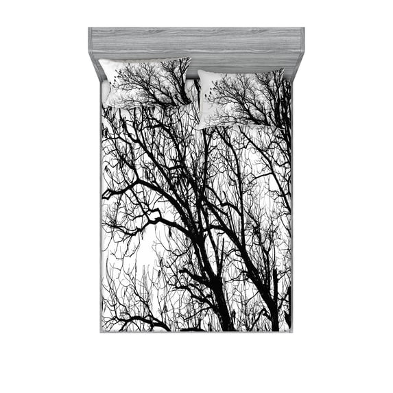 Ambesonne Nature Fitted Sheet & Pillow Sham Set, Autumn Fall Tree Branch, Full, Black and White