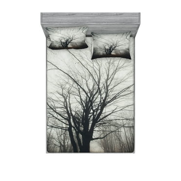 Ambesonne Nature Fitted Sheet & Pillow Sham Set, Autumn Tree in Fog Dark, Queen, Grey