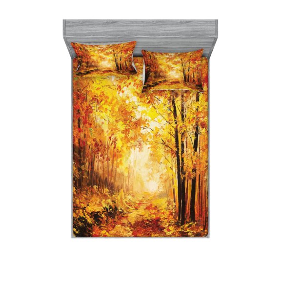Ambesonne Nature Fitted Sheet & Pillow Sham Set, Autumn in Relax Forest, Full, Orange Brown