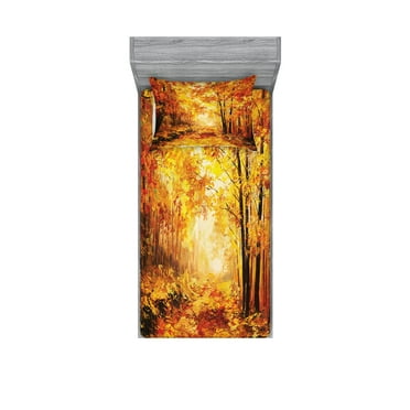 Ambesonne Nature Fitted Sheet & Pillow Sham Set, Autumn in Relax Forest, Twin, Orange Brown