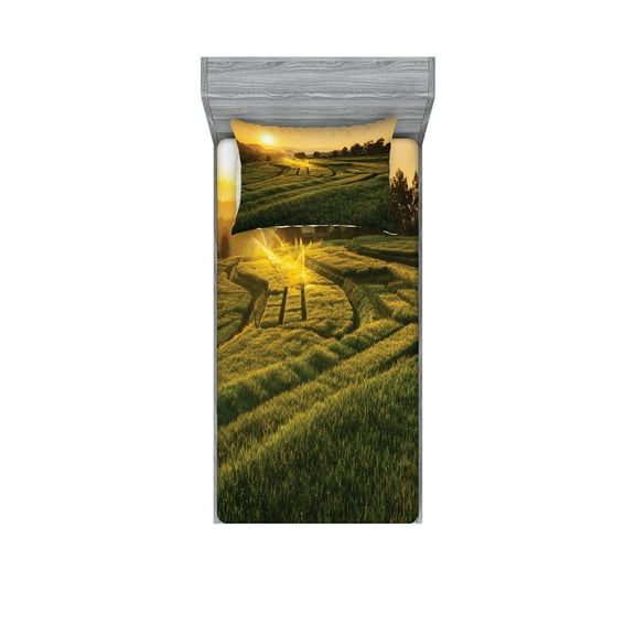 Ambesonne Nature Fitted Sheet & Pillow Sham Set, Barley Woods Sunset, Twin, Green Yellow
