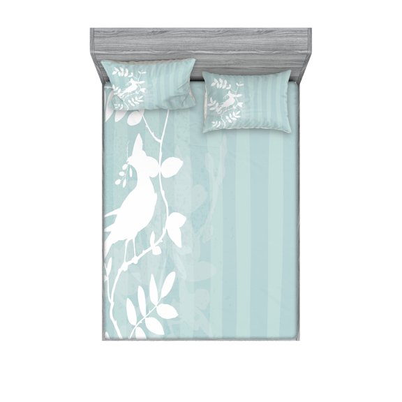 Ambesonne Nature Fitted Sheet & Pillow Sham Set, Bird Silhouette on Tree, Queen, Turquoise White