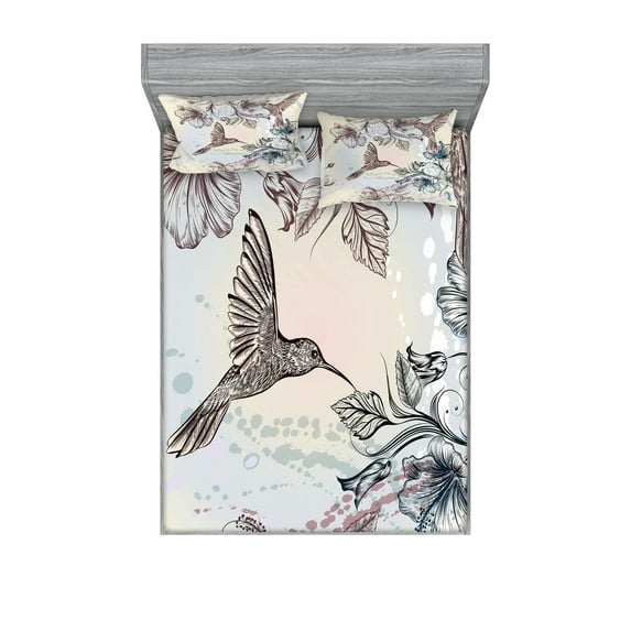 Ambesonne Nature Fitted Sheet & Pillow Sham Set, Birds Hibiscus Flowers, Calking, Teal Brown