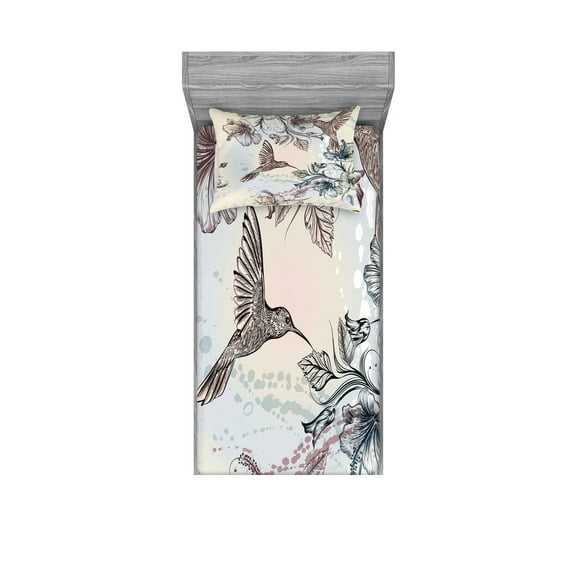 Ambesonne Nature Fitted Sheet & Pillow Sham Set, Birds Hibiscus Flowers, Twin, Teal Brown