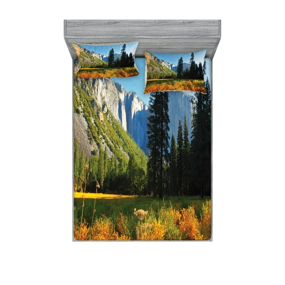 Ambesonne Nature Fitted Sheet & Pillow Sham Set, Birds over Mountains, Full, Orange Blue Green