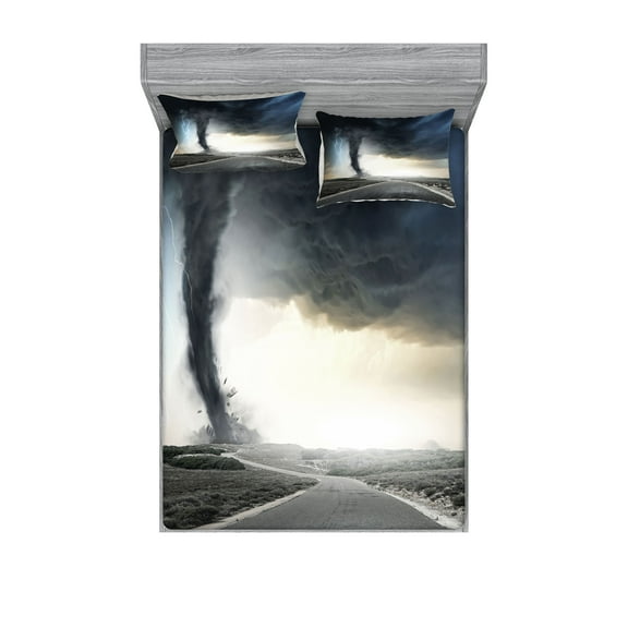 Ambesonne Nature Fitted Sheet & Pillow Sham Set, Black Tornado Funnel Gas, Queen, Grey