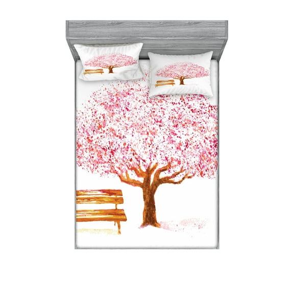 Ambesonne Nature Fitted Sheet & Pillow Sham Set, Blooming Cherry Tree, Queen, Pink Brown