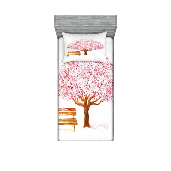 Ambesonne Nature Fitted Sheet & Pillow Sham Set, Blooming Cherry Tree, Twinxl, Pink Brown