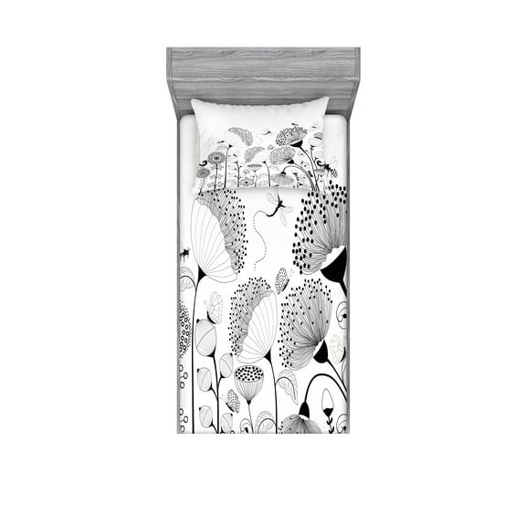 Ambesonne Nature Fitted Sheet & Pillow Sham Set, Blooming Flower Bee, Twinxl, Black White