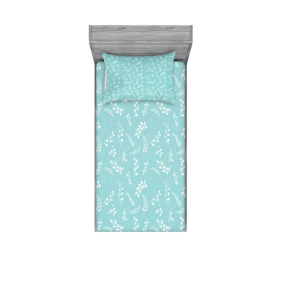 Ambesonne Nature Fitted Sheet & Pillow Sham Set, Blooming Twigs Leaves, Twinxl, Pale Blue White
