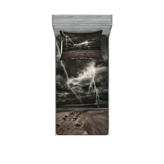 Ambesonne Nature Fitted Sheet & Pillow Sham Set, Bolts Across the Sandy Beach, Twin, Brown and Grey