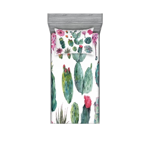 Ambesonne Nature Fitted Sheet & Pillow Sham Set, Botanic Herbal Cartoon, Twin, Green and Pink