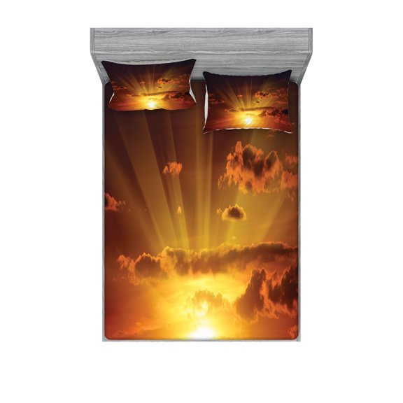 Ambesonne Nature Fitted Sheet & Pillow Sham Set, Burning Sunset, Queen, Orange