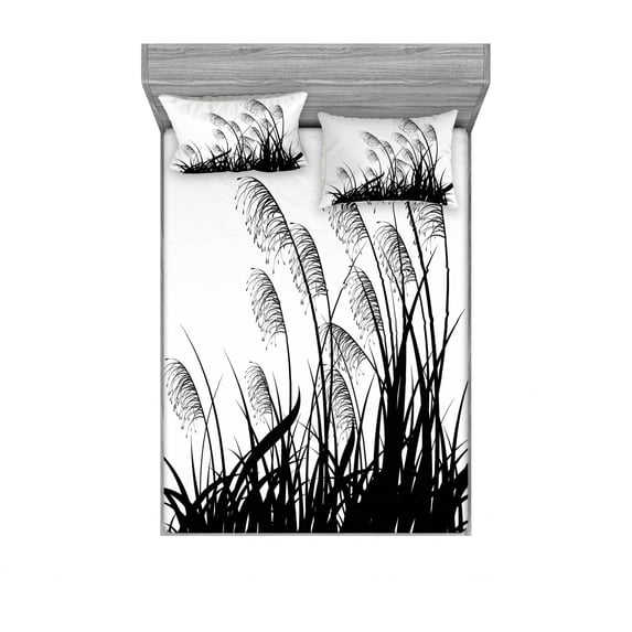 Ambesonne Nature Fitted Sheet & Pillow Sham Set, Bushes Wild Field, Queen, White Black