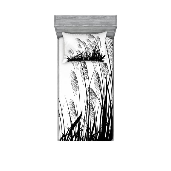 Ambesonne Nature Fitted Sheet & Pillow Sham Set, Bushes Wild Field, Twin, White Black