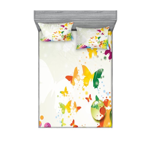 Ambesonne Nature Fitted Sheet & Pillow Sham Set, Butterfly Festival Art, Queen, Multicolor