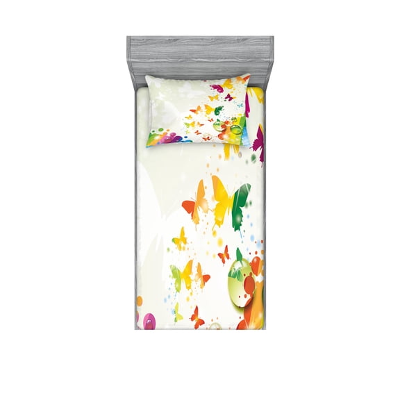 Ambesonne Nature Fitted Sheet & Pillow Sham Set, Butterfly Festival Art, Twin, Multicolor
