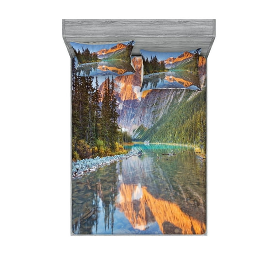 Ambesonne Nature Fitted Sheet & Pillow Sham Set, Canadian Mountains, Queen, Multicolor