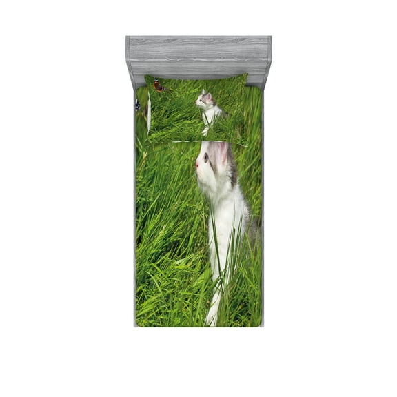 Ambesonne Nature Fitted Sheet & Pillow Sham Set, Cat and Butterfly, Twin, Fern Green White Grey