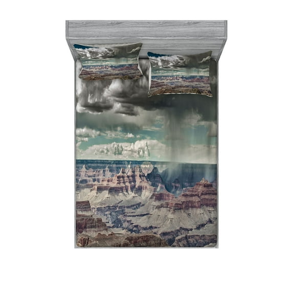 Ambesonne Nature Fitted Sheet & Pillow Sham Set, Clouds on Grand Canyon, Queen, White Brown