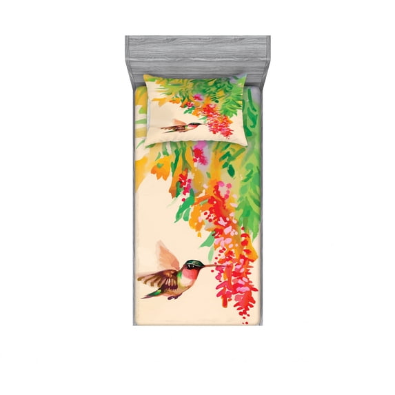 Ambesonne Nature Fitted Sheet & Pillow Sham Set, Colibri Exotic Tree, Twinxl, Green Red Beige