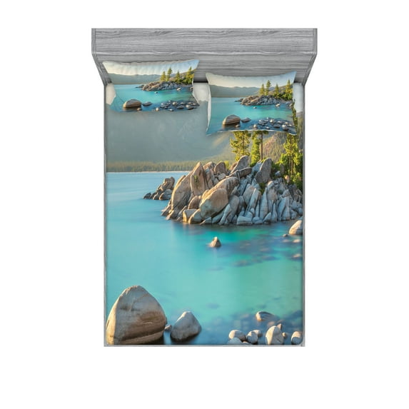 Ambesonne Nature Fitted Sheet & Pillow Sham Set, Countryside Lake Beach, Full, Blue Grey