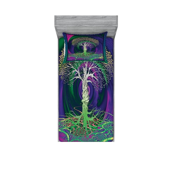 Ambesonne Nature Fitted Sheet & Pillow Sham Set, Digital Psychedelic Art, Twin, Purple Fuchsia