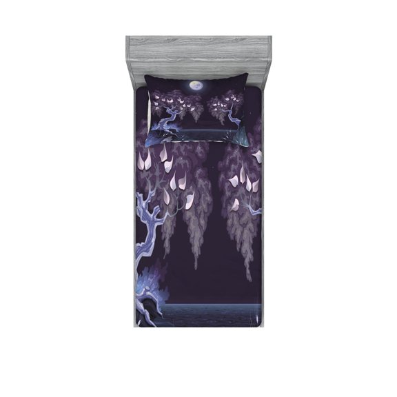 Ambesonne Nature Fitted Sheet & Pillow Sham Set, Dramatic Night, Twinxl, Purple