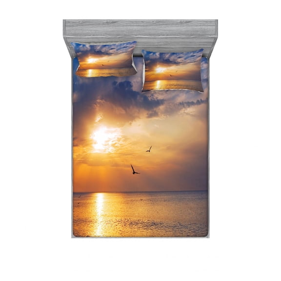 Ambesonne Nature Fitted Sheet & Pillow Sham Set, Early Morning Sunrise, Full, Blue and Orange