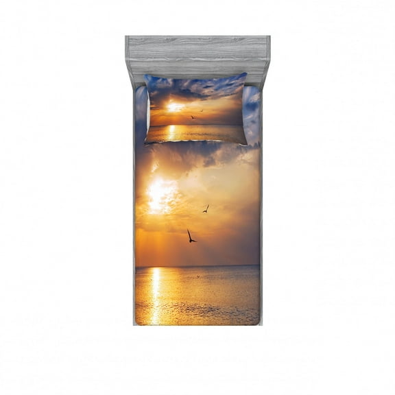 Ambesonne Nature Fitted Sheet & Pillow Sham Set, Early Morning Sunrise, Twinxl, Blue and Orange