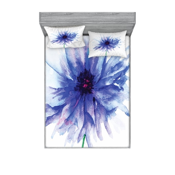 Ambesonne Nature Fitted Sheet & Pillow Sham Set, Earth Cornflower, Queen, Navy Blue White