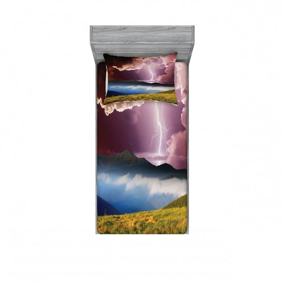 Ambesonne Nature Fitted Sheet & Pillow Sham Set, Earth Storm Rays Rural, Twin, Green Pink Blue