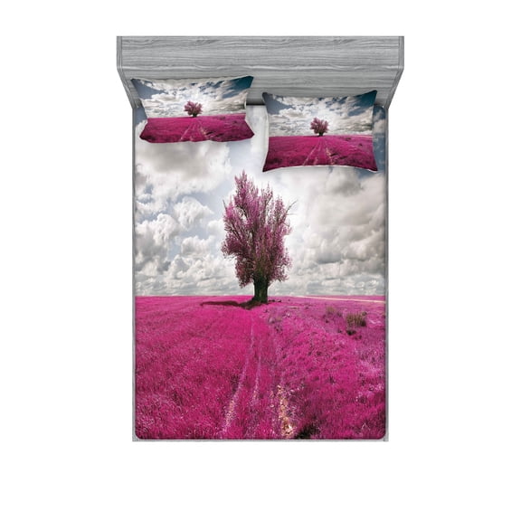 Ambesonne Nature Fitted Sheet & Pillow Sham Set, Enchanted Oniric Meadow, Full, Fuchsia Petrol Blue