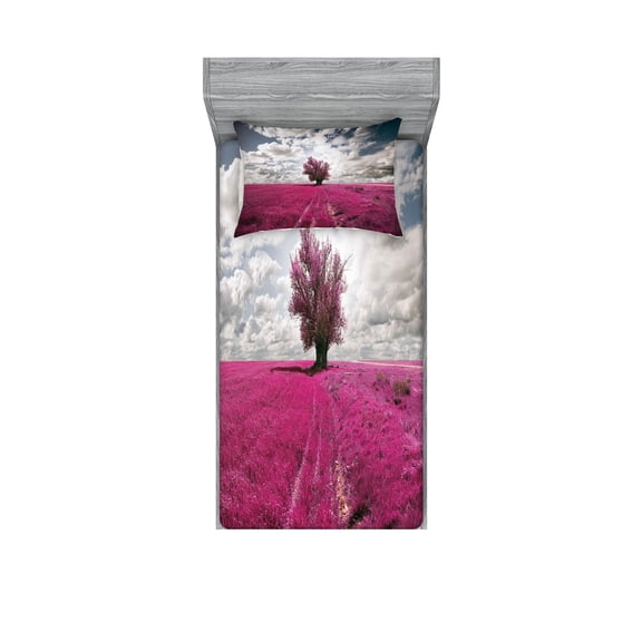 Ambesonne Nature Fitted Sheet & Pillow Sham Set, Enchanted Oniric Meadow, Twin, Fuchsia Petrol Blue