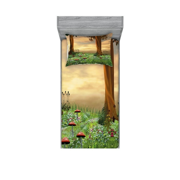 Ambesonne Nature Fitted Sheet & Pillow Sham Set, Enchanted Woods Sunset, Twinxl, Multicolor