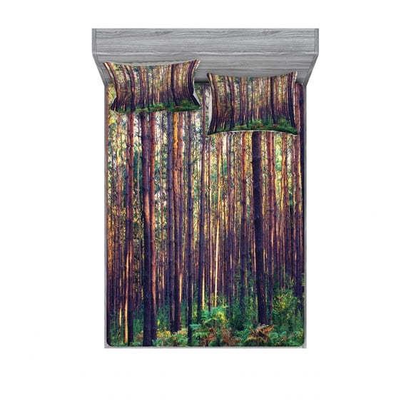 Ambesonne Nature Fitted Sheet & Pillow Sham Set, Fall Trees Forest Trunks, Full, Green Brown