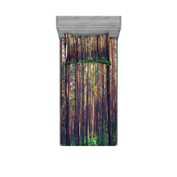 Ambesonne Nature Fitted Sheet & Pillow Sham Set, Fall Trees Forest Trunks, Twinxl, Green Brown