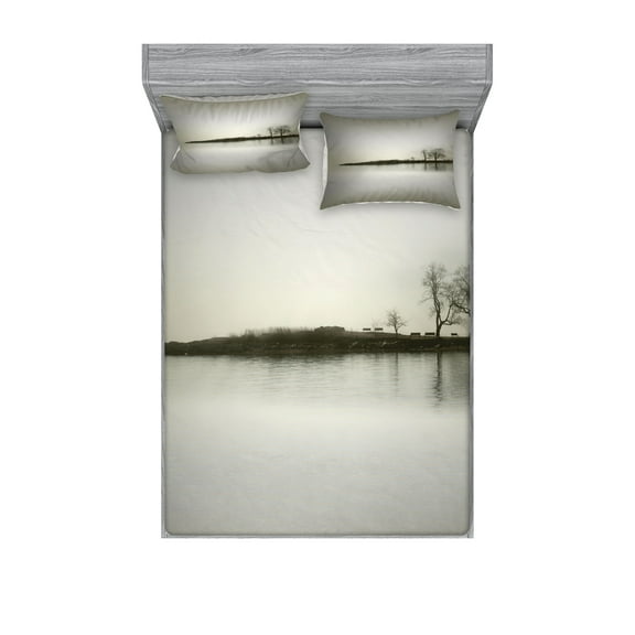 Ambesonne Nature Fitted Sheet & Pillow Sham Set, Fall Trees on Island, Queen, Sepia