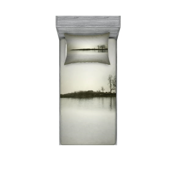 Ambesonne Nature Fitted Sheet & Pillow Sham Set, Fall Trees on Island, Twin, Sepia