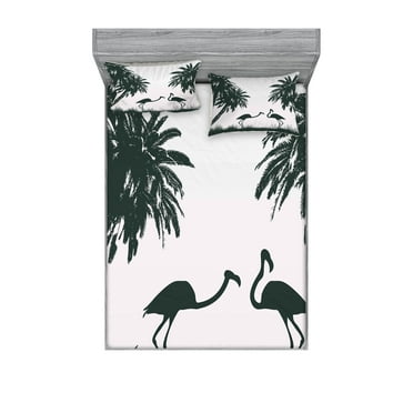 Ambesonne Nature Fitted Sheet & Pillow Sham Set, Flamingos and Palm Trees, Full, Pale Mauve Black