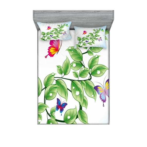 Ambesonne Nature Fitted Sheet & Pillow Sham Set, Floral Leaves Branches, Full, Fern Green Pale Blue