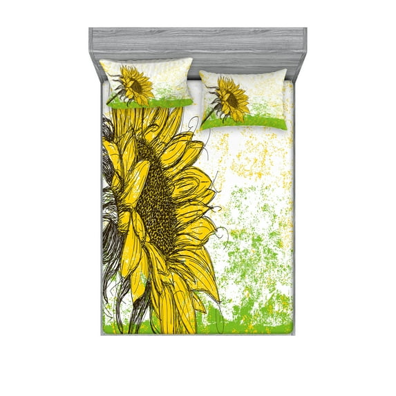 Ambesonne Nature Fitted Sheet & Pillow Sham Set, Floral with Sunflowers, Queen, Multicolor