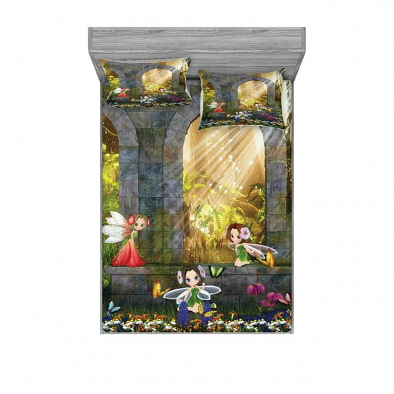 Ambesonne Nature Fitted Sheet & Pillow Sham Set, Flowers Blossoms Scene, Full, Charcoal Green Red