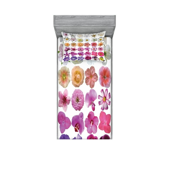Ambesonne Nature Fitted Sheet & Pillow Sham Set, Flowers Petunia Botanic, Twin, White Lilac Pink