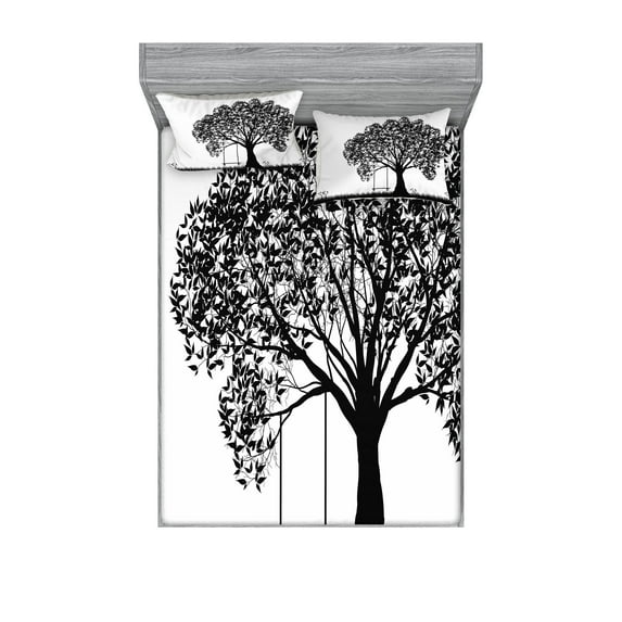 Ambesonne Nature Fitted Sheet & Pillow Sham Set, Flowersnd Grass Garden, Queen, Black and White