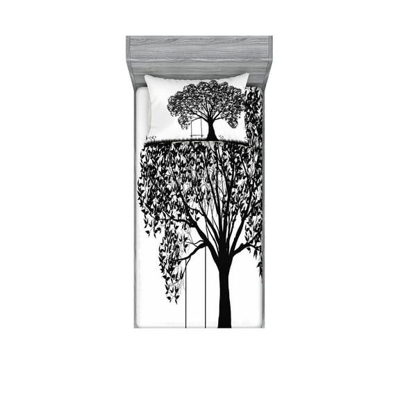 Ambesonne Nature Fitted Sheet & Pillow Sham Set, Flowersnd Grass Garden, Twinxl, Black and White